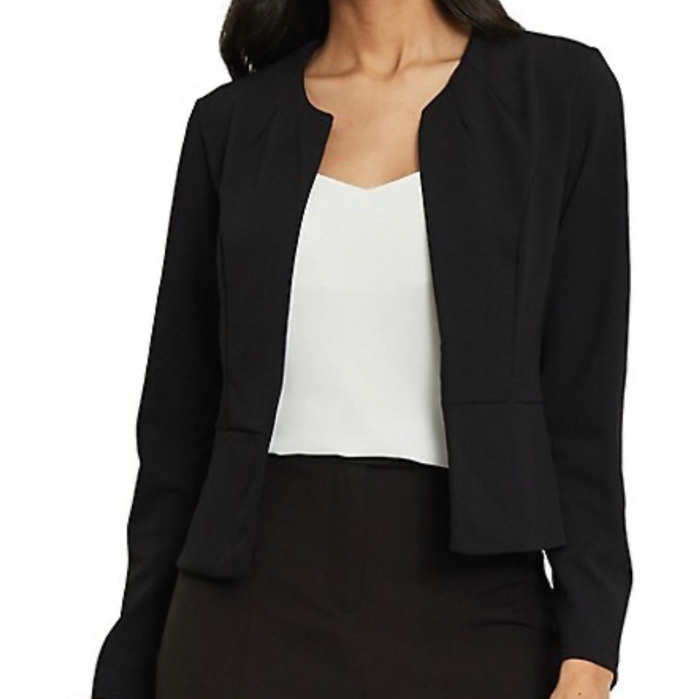 Collarless open front tuxedo cropped black blazer